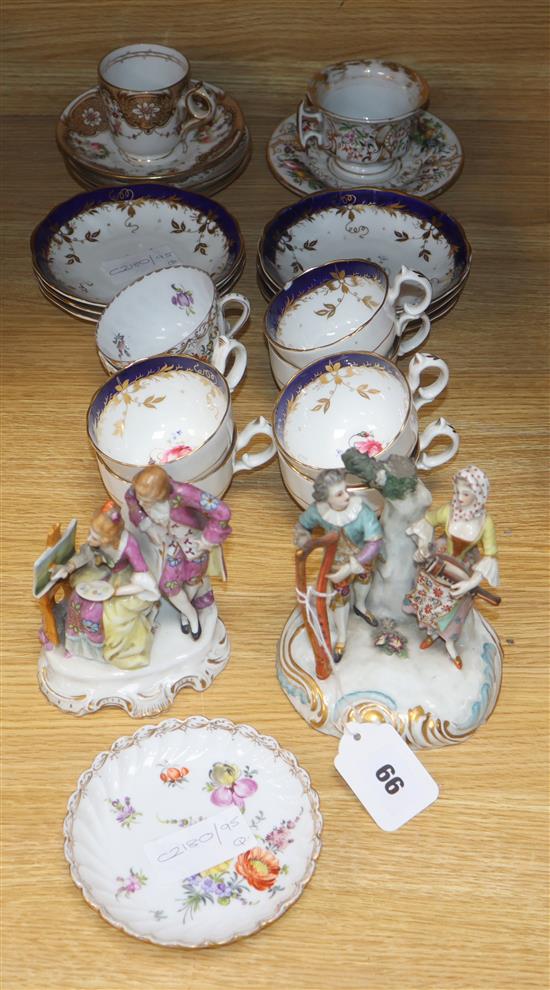A group of assorted Victorian floral painted teawares and a pair of German porcelain groups